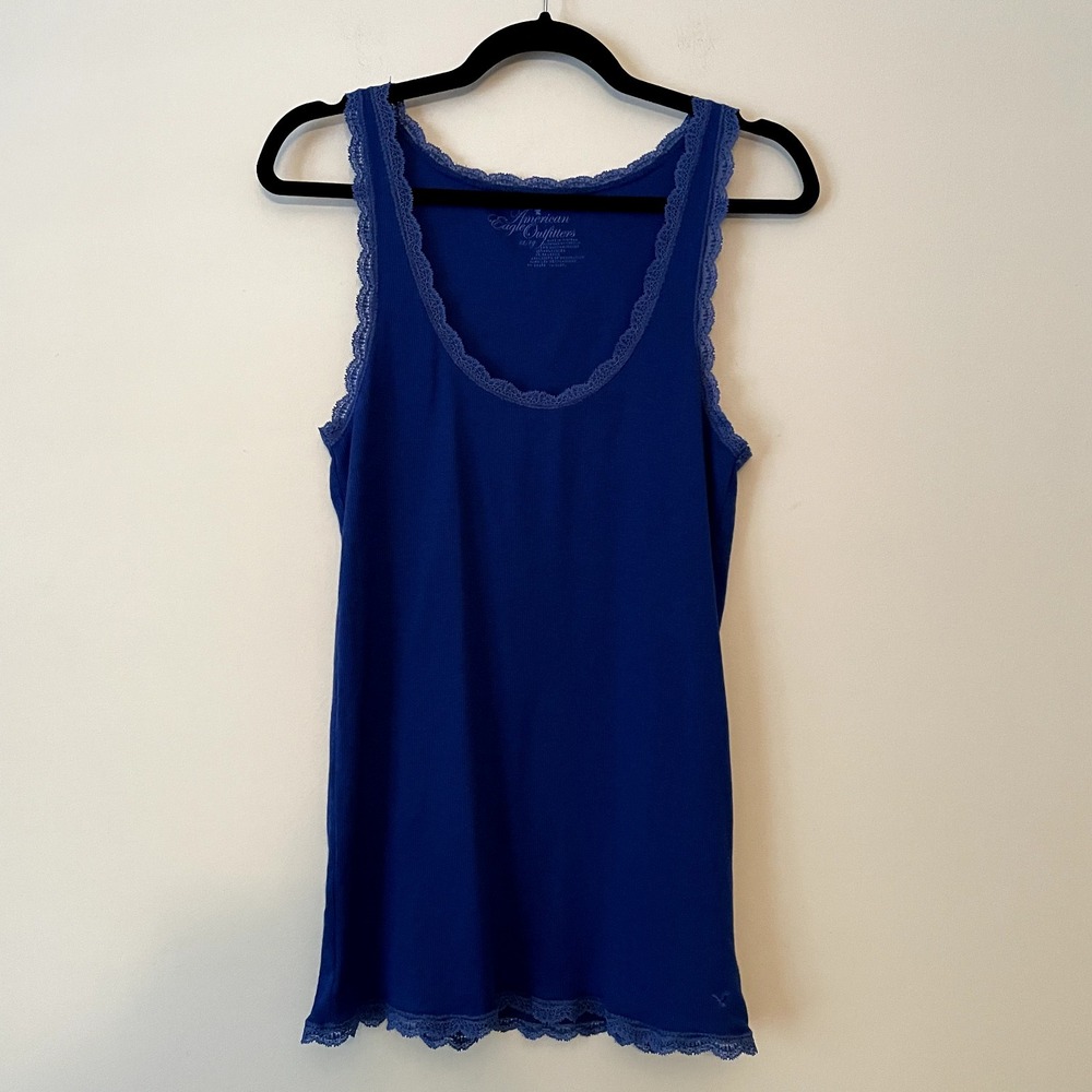 Y2K American Eagle Lace Trim Long Cami Tank Blue XL Logo Stretch Layering Basic